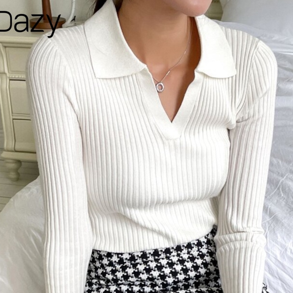 SHEIN Cream V-Neck Ribbed Sweater
